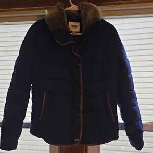 Navy Blue Puffer Jacket with Faux Fur Collar